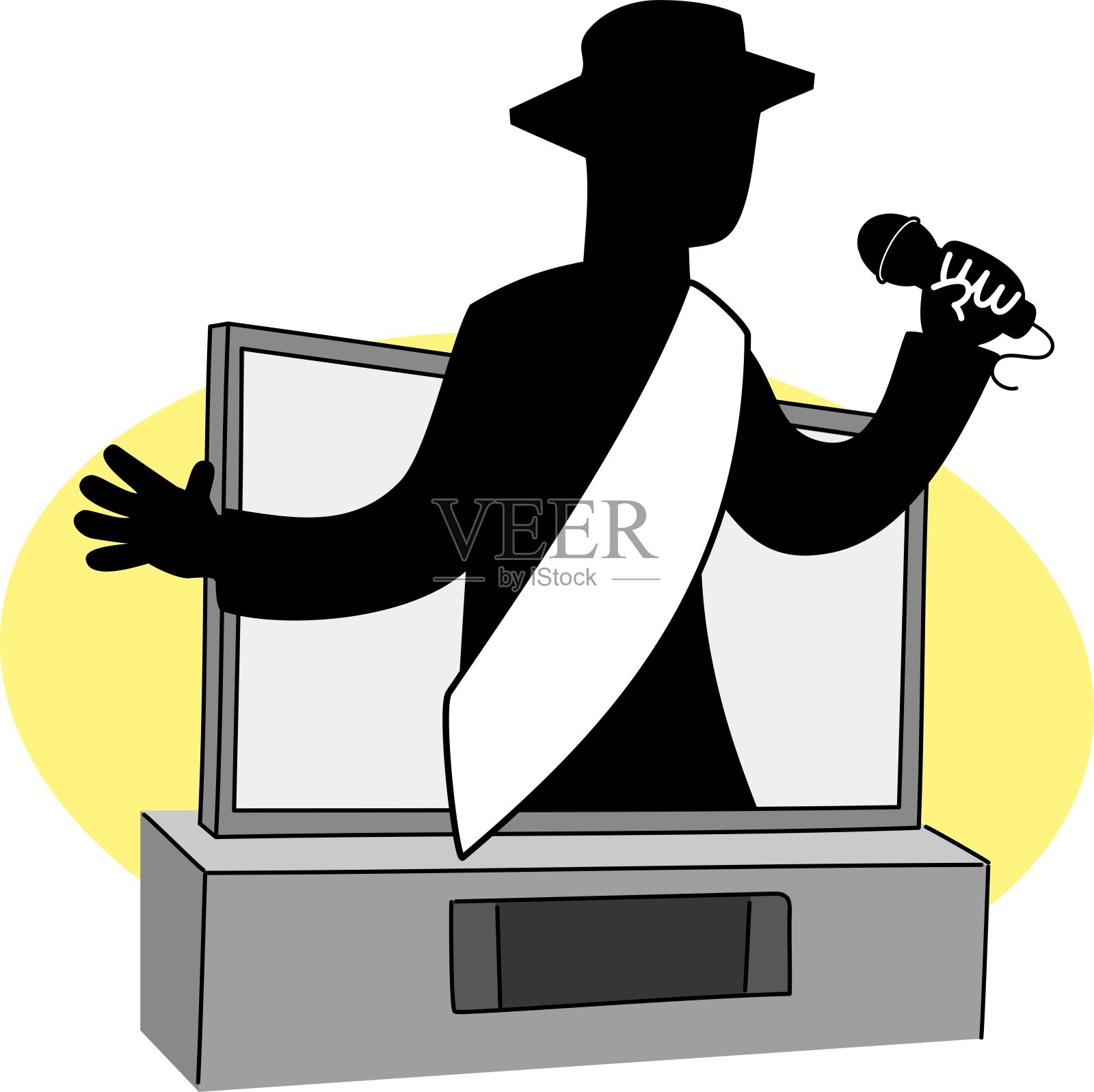 男性候选人从电视屏幕上跳出来演讲的剪影/插图材料(矢量插图)插画图片素材