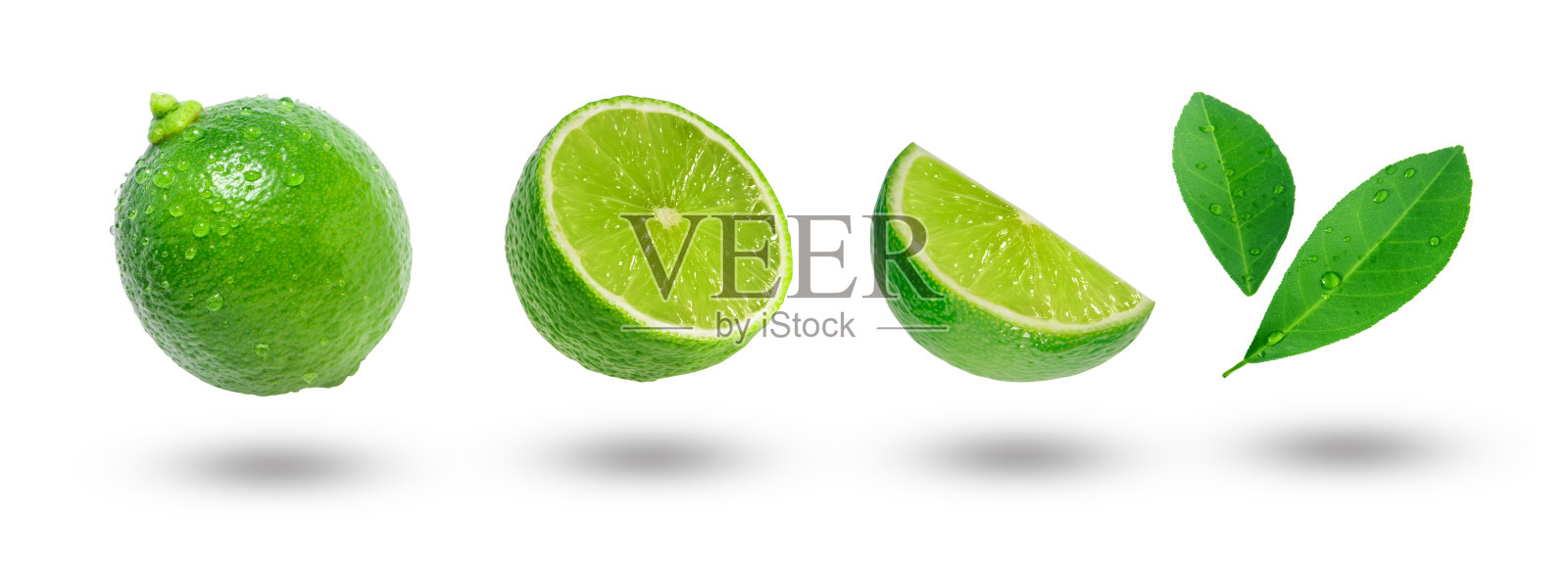 飞青柠切片和叶子收集。照片摄影图片