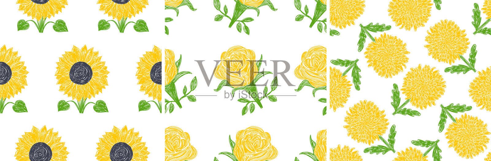 花卉无缝模式设置钢笔或马克笔花插画图片素材