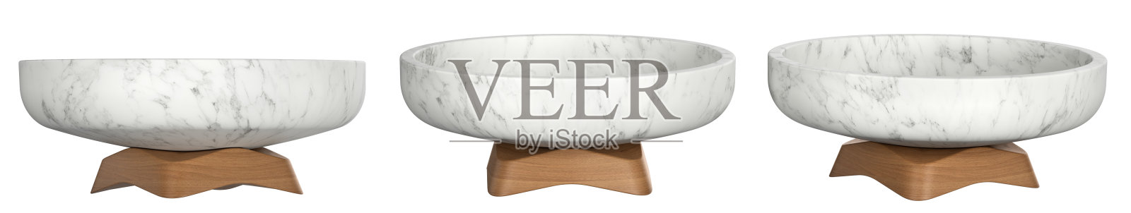 装饰大理石石碗在木制基地。厨房用具套装。家庭装饰和口音。家居装饰配件。孤立的内部对象。三维渲染照片摄影图片