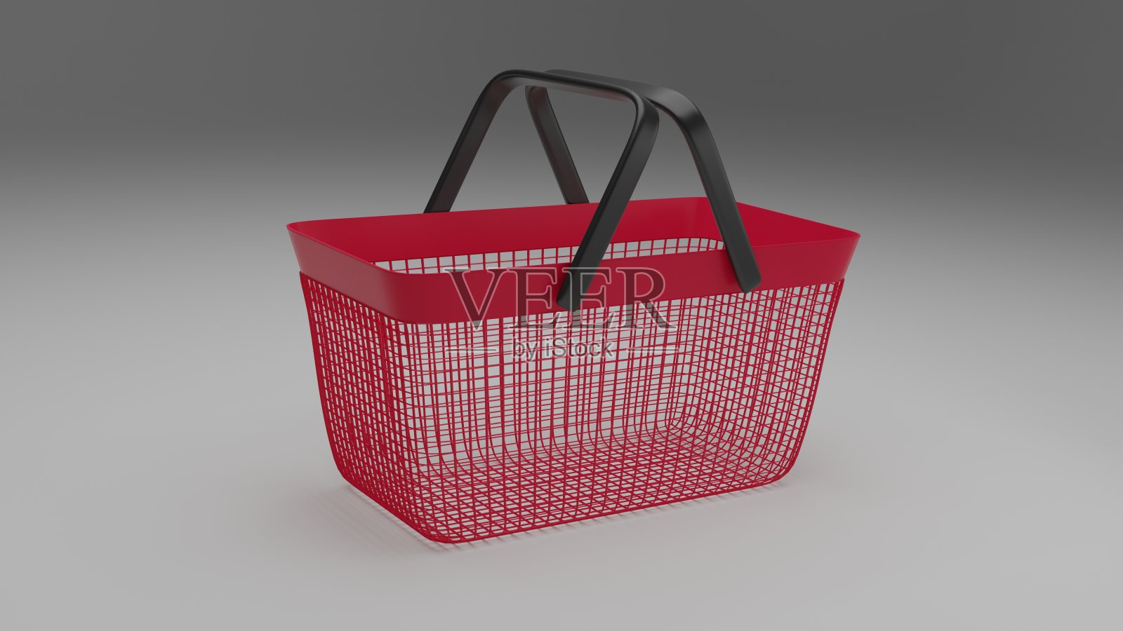 红色塑料购物篮，两个黑色提手。均匀明亮的渐变背景。照片摄影图片