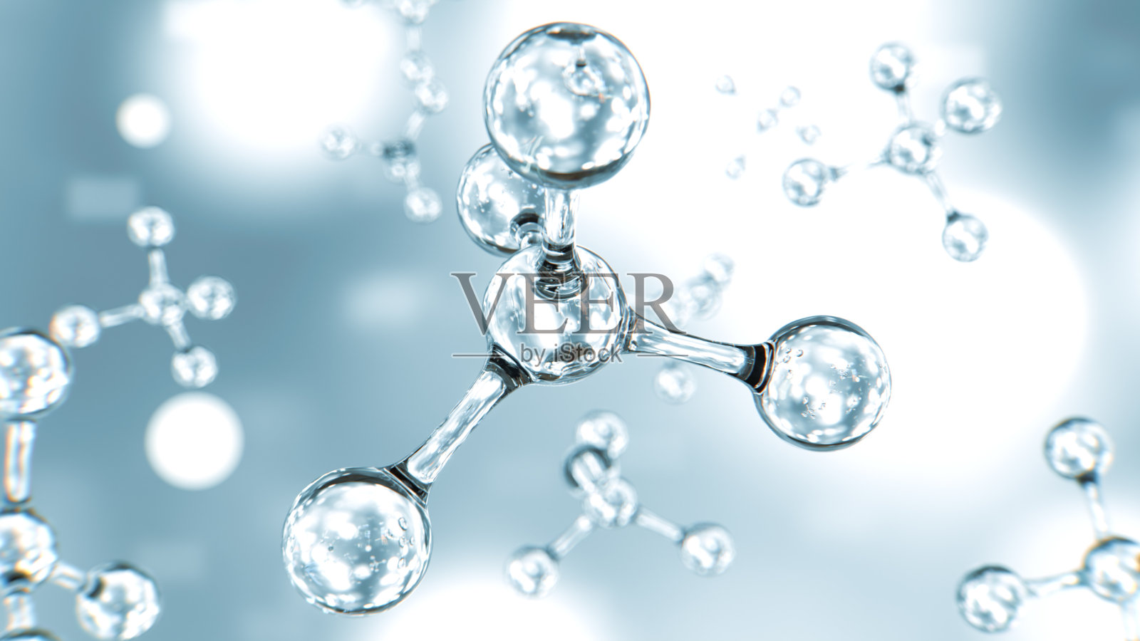 DNA分子原子漂浮在空中，主角在中心。照片摄影图片