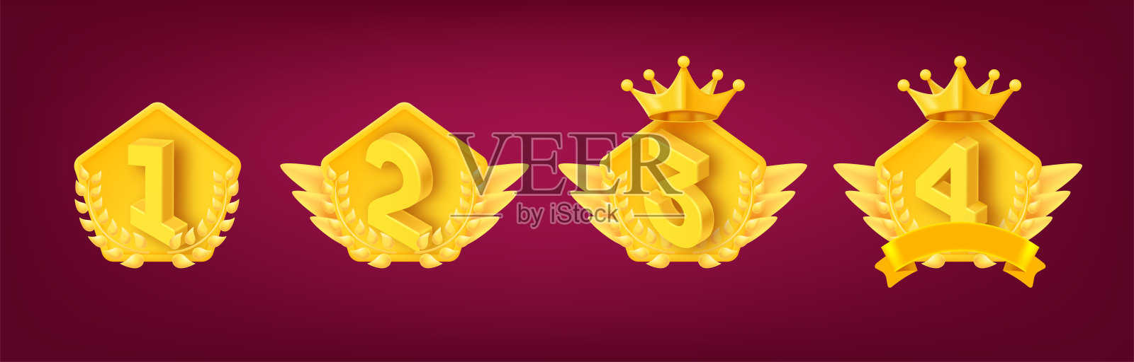 带有数字和花环的金色军衔标志。游戏成就徽章收集。三维矢量剪贴画插画图片素材