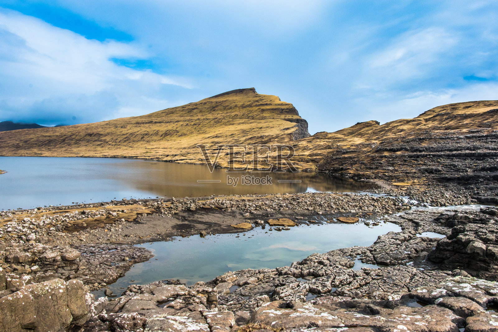 景观。法罗岛的芒蒂湖。山上的湖泊景色令人难以置信照片摄影图片