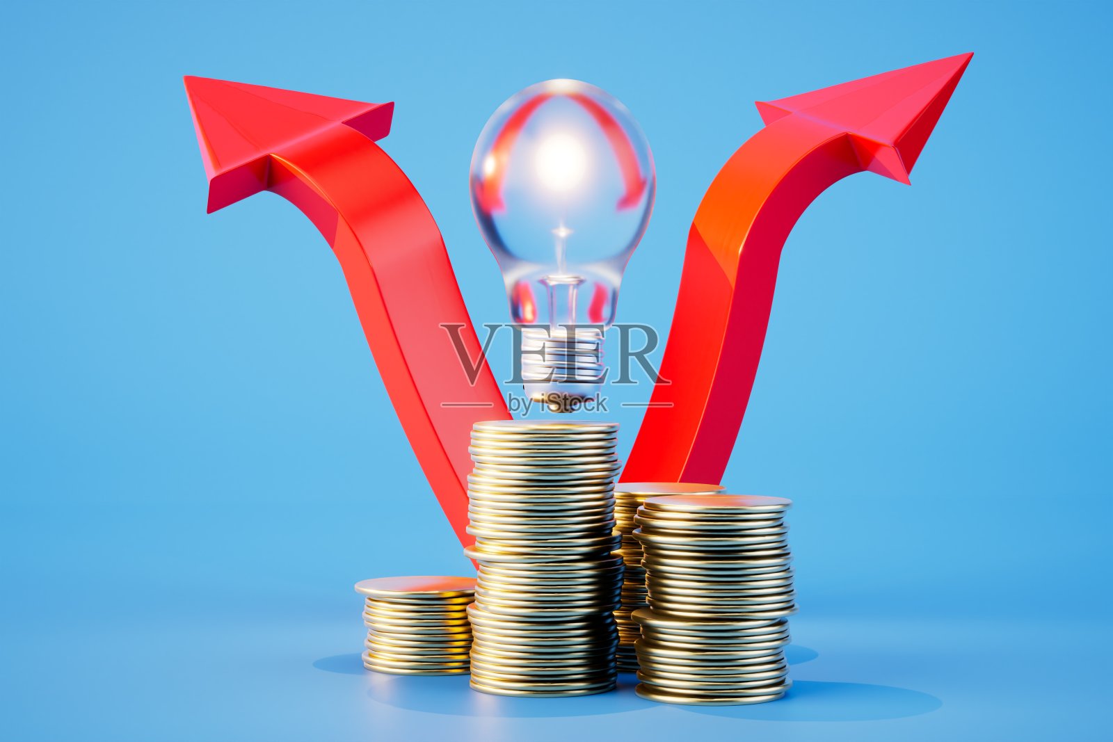 电价上涨。包括一个灯泡，一堆美元和一个向上的箭头。三维渲染照片摄影图片