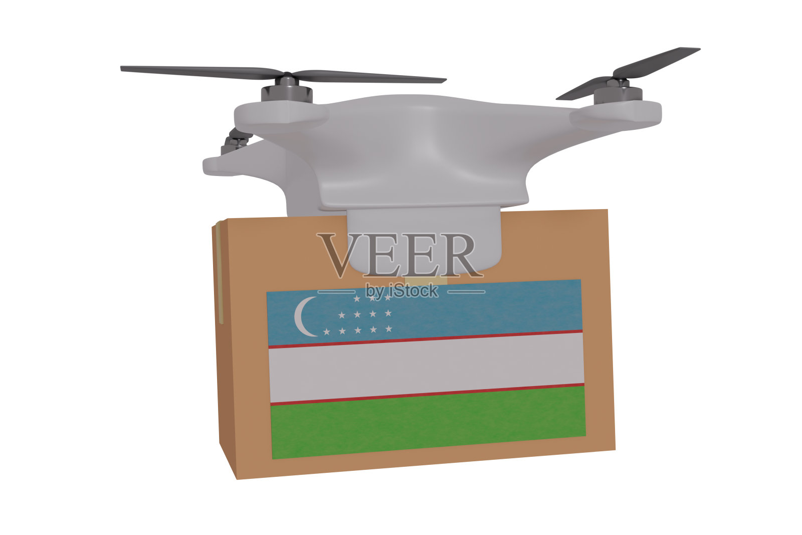 无人机运送乌兹别克斯坦国旗包裹照片摄影图片