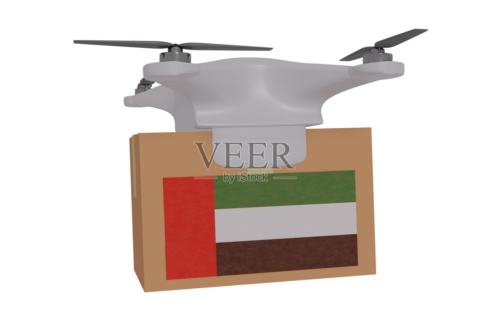 无人机运送带有阿拉伯联合酋长国国旗的包裹照片摄影图片