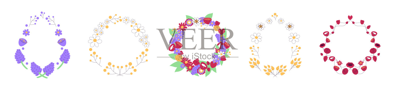 套装花圈天真涂鸦花卉矢量插图插画图片素材