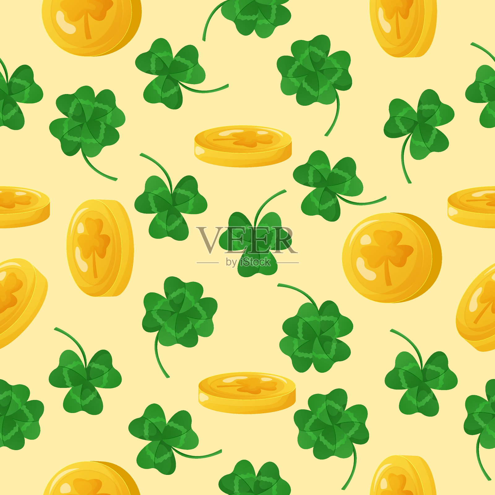 无缝模式与三叶和四叶三叶草。圣帕特里克节的标志插画图片素材