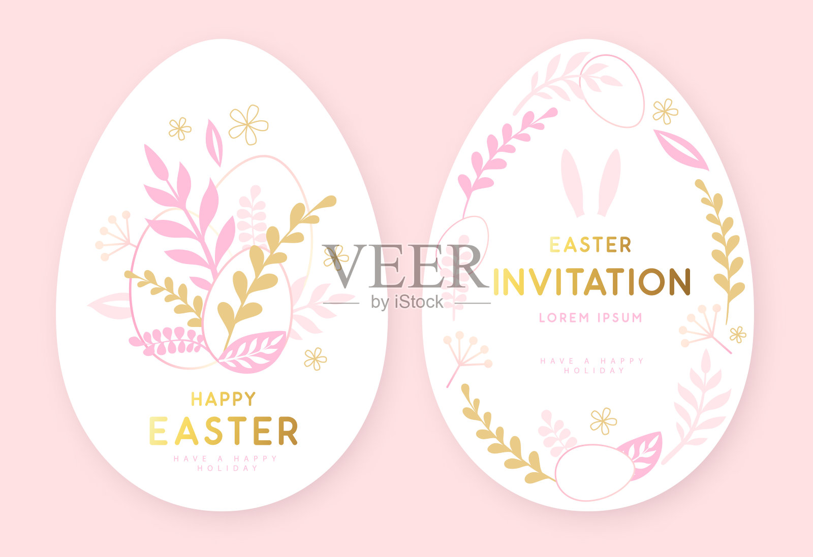 带有花卉装饰元素和兔子耳朵的快乐复活节彩蛋。邀请的设计。平的风格。现代复活节的背景。贺卡或海报。矢量图插画图片素材