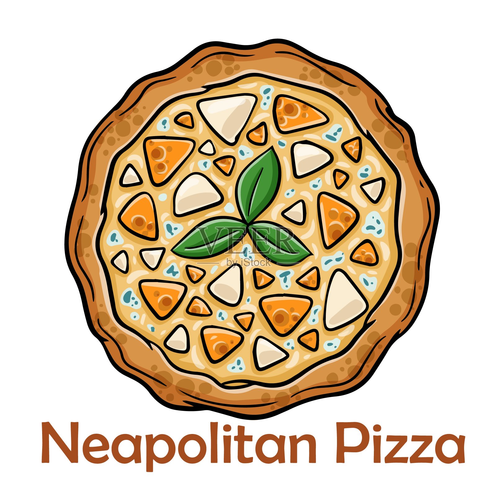 芝士披萨配烟熏苏古尼、戈尔根佐拉、马苏里拉奶酪、白蜡树、核桃、蜂蜜、罗勒。白色背景的那不勒斯圆形披萨插画图片素材