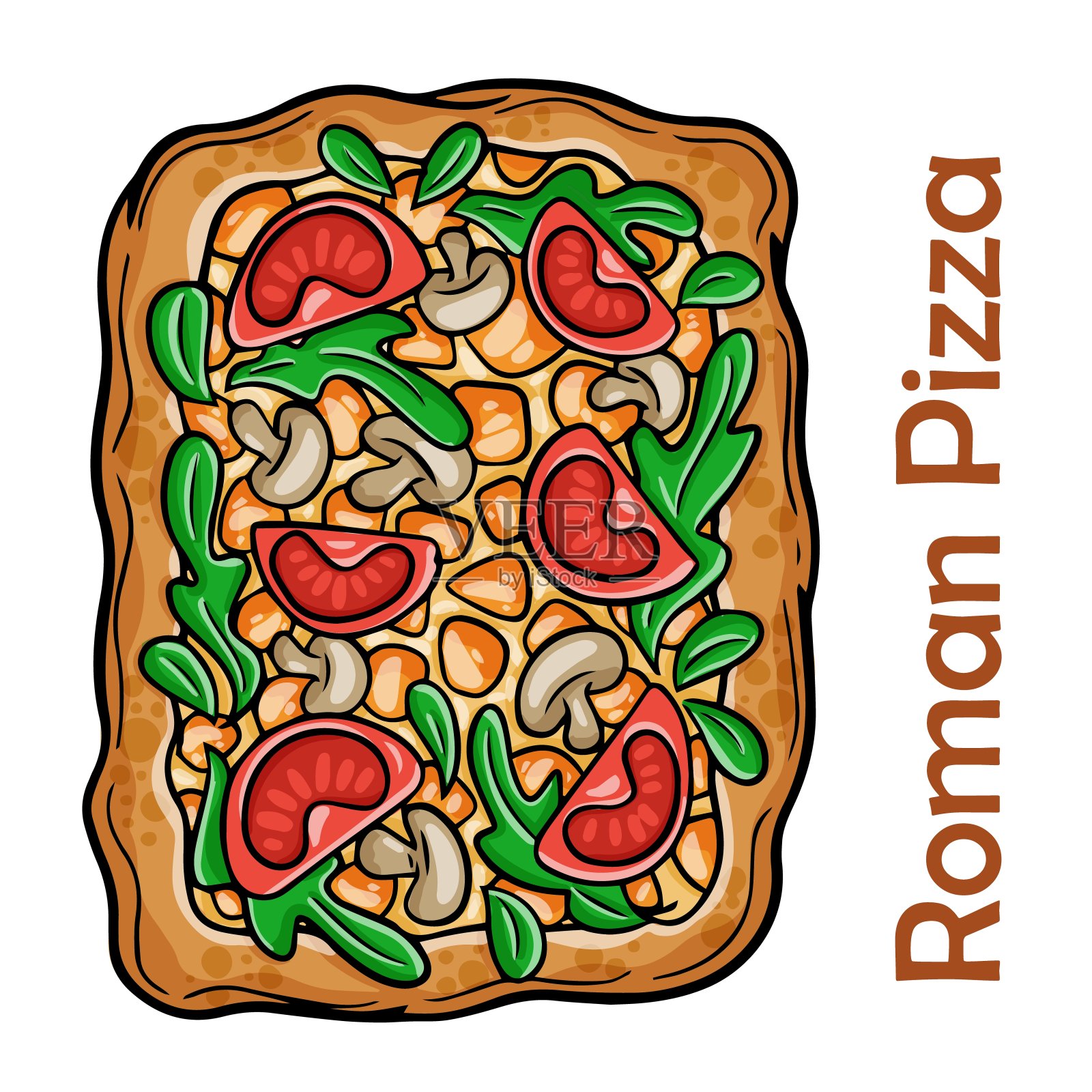 玛格丽塔披萨配番茄，马苏里拉奶酪，香蒜酱，罗勒。白色背景的长方形罗马披萨插画图片素材