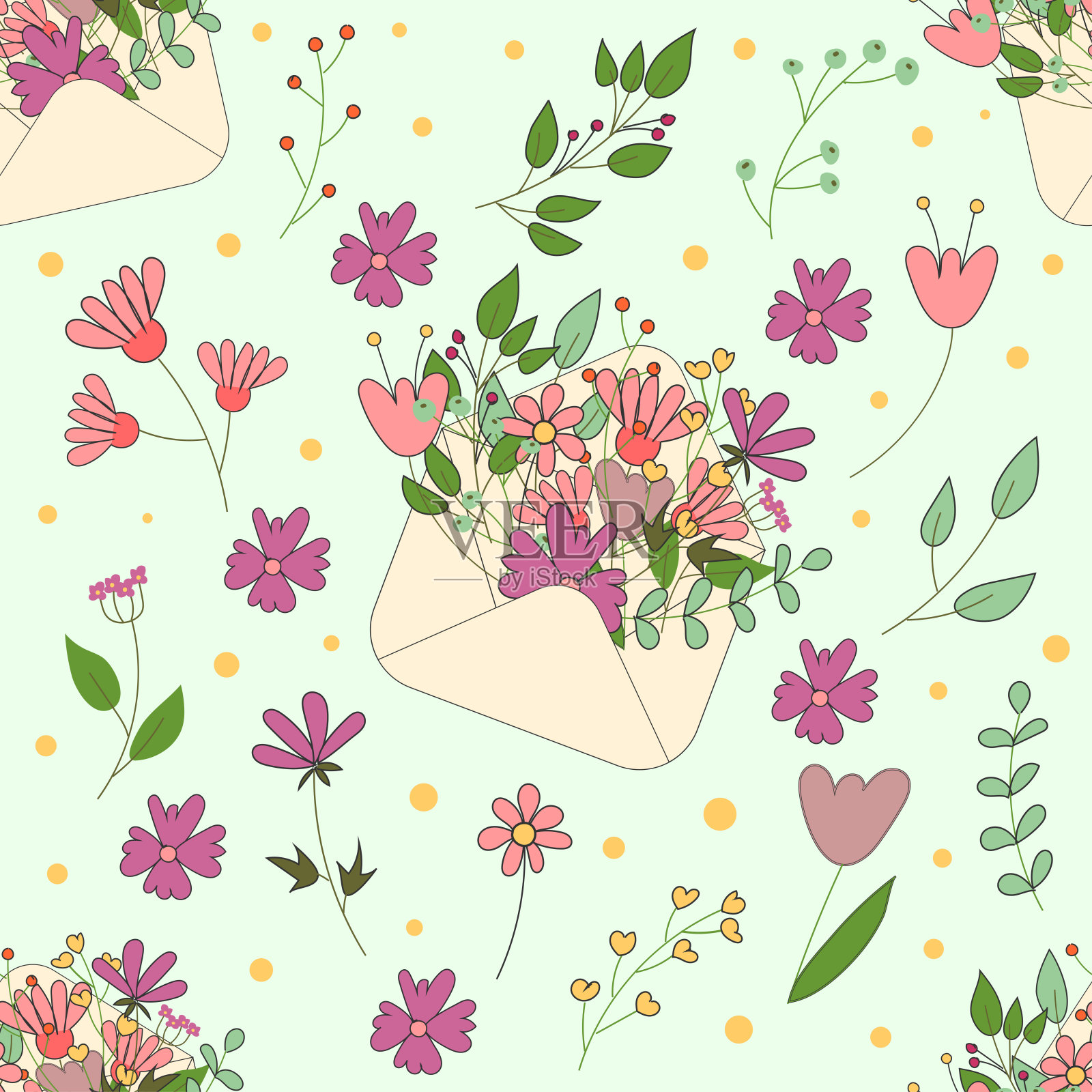 无缝模式与信封与春天的花朵插画图片素材