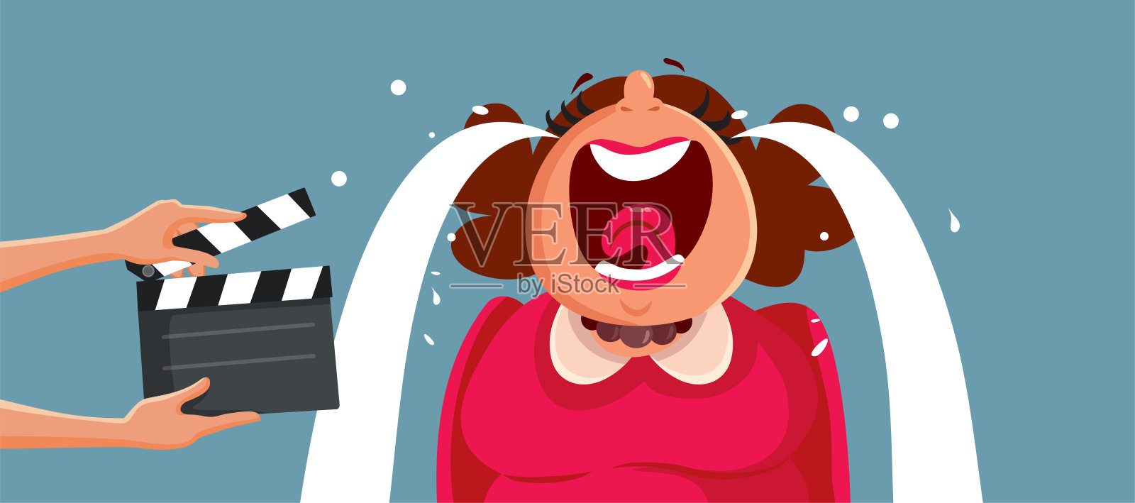 拍摄电视真人秀的女子用假眼泪表演插画图片素材