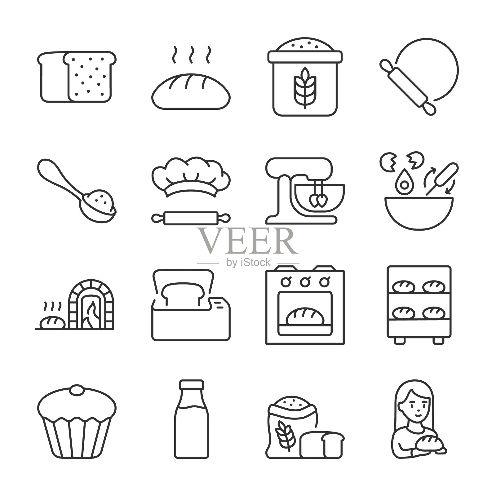 烤面包图标集。面包店，线性图标收集。面包和烘焙设备。烹饪。用可编辑笔画线图标素材