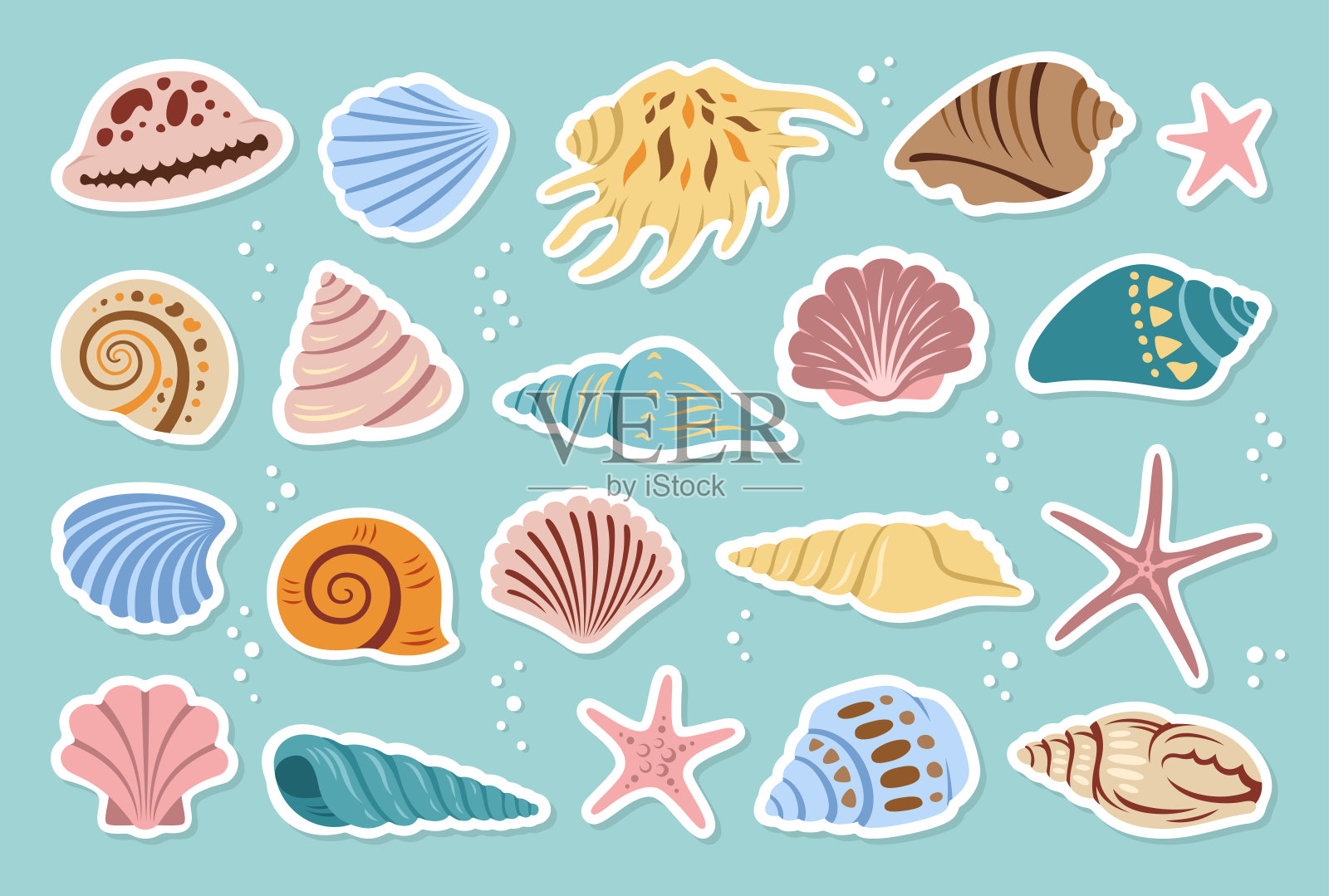 海贝壳剪贴簿贴纸日记漫画集海洋异国水下水生软体动物海洋标签插画图片素材