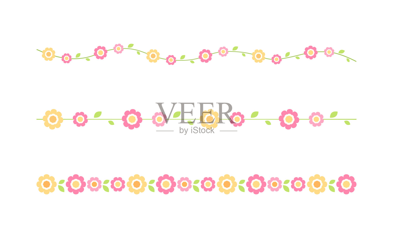 可爱的春季花卉划分边界设置。春季和复活节花卉分离设计元素。插画图片素材