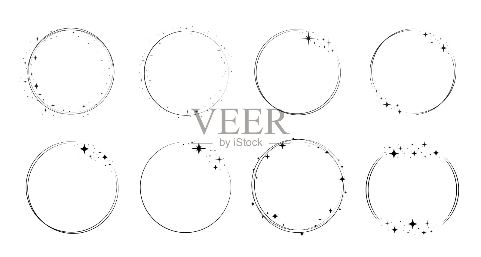 圆形星形边框设置。闪光圈框架。花环围绕星尘边界的派对，生日装饰设计。月桂框架与宇宙闪闪发光插画图片素材
