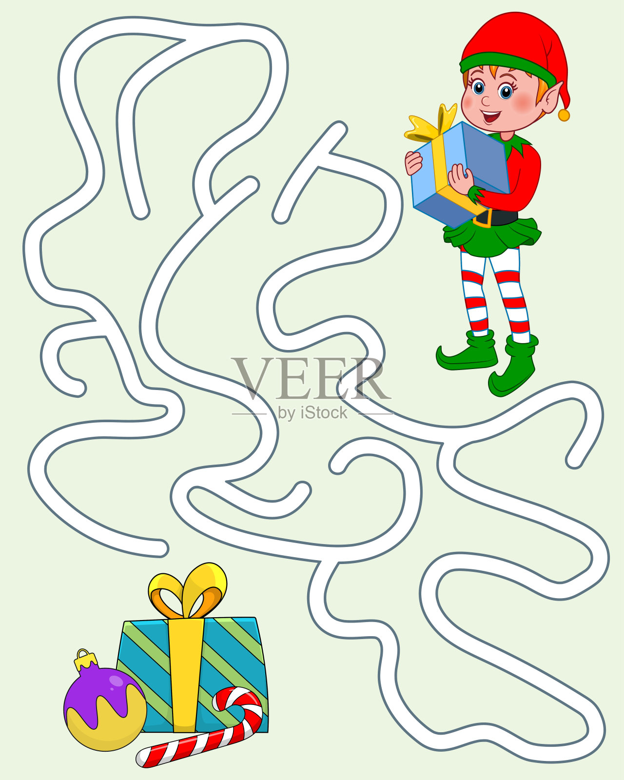 儿童逻辑游戏。帮助精灵找到通往礼物的路。进入和退出。迷宫与解决方案。教育迷宫游戏与可爱的角色侏儒。庆祝活动的概念。矢量卡通风格。插画图片素材