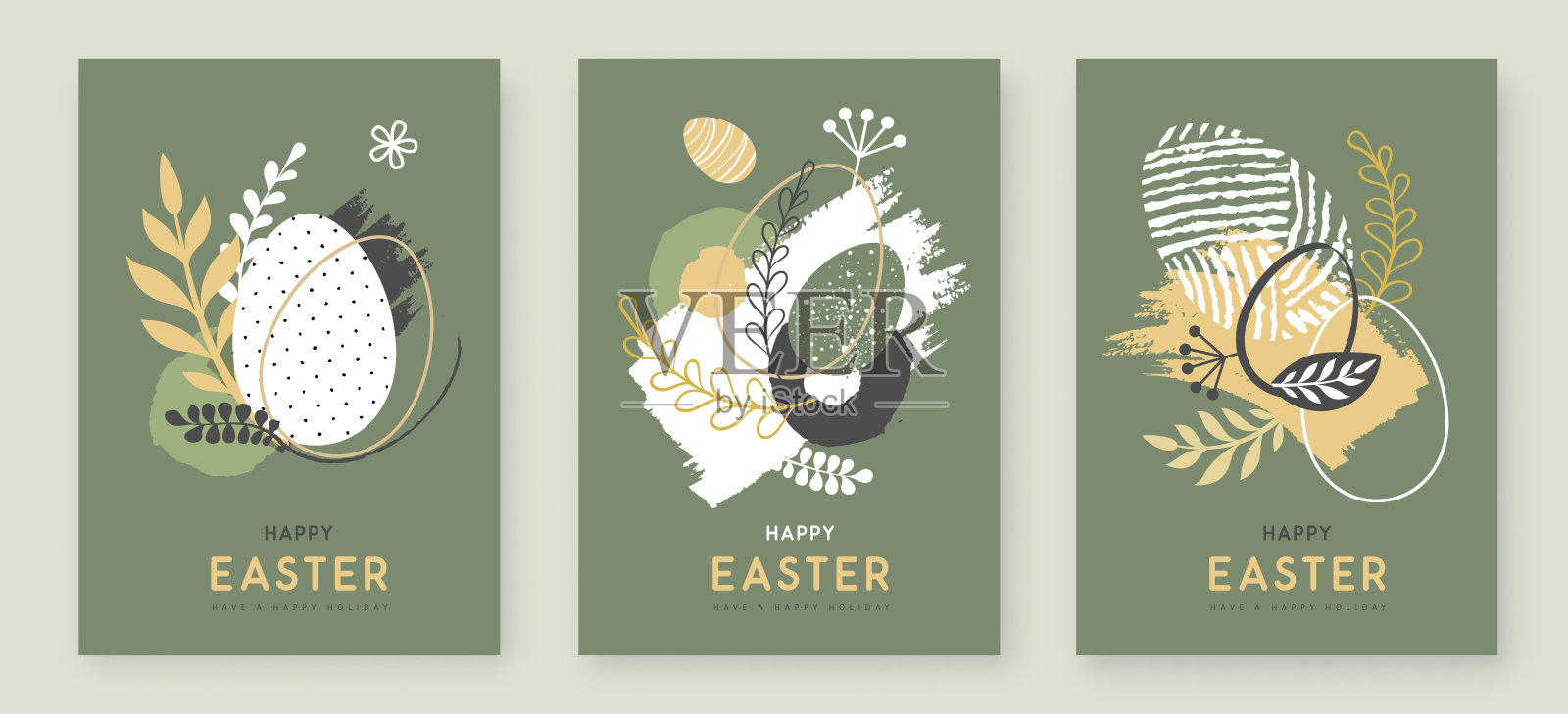 一套带有复活节彩蛋和花卉装饰元素的快乐复活节贺卡。平的风格。一套现代复活节封面。矢量图插画图片素材