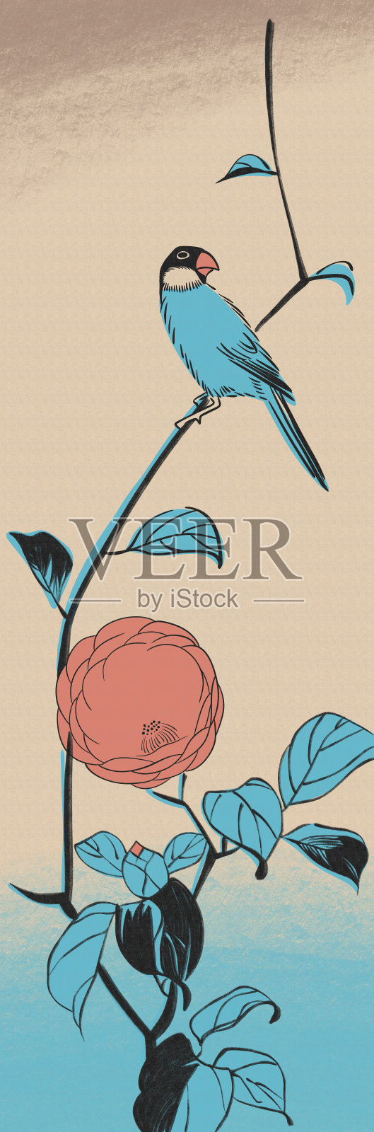 鸟儿坐在树上。花。动植物美学。手绘数字插图。墙面艺术，数码屏幕，室内装饰。中国风格。打印。逼真的纸张纹理。插画图片素材