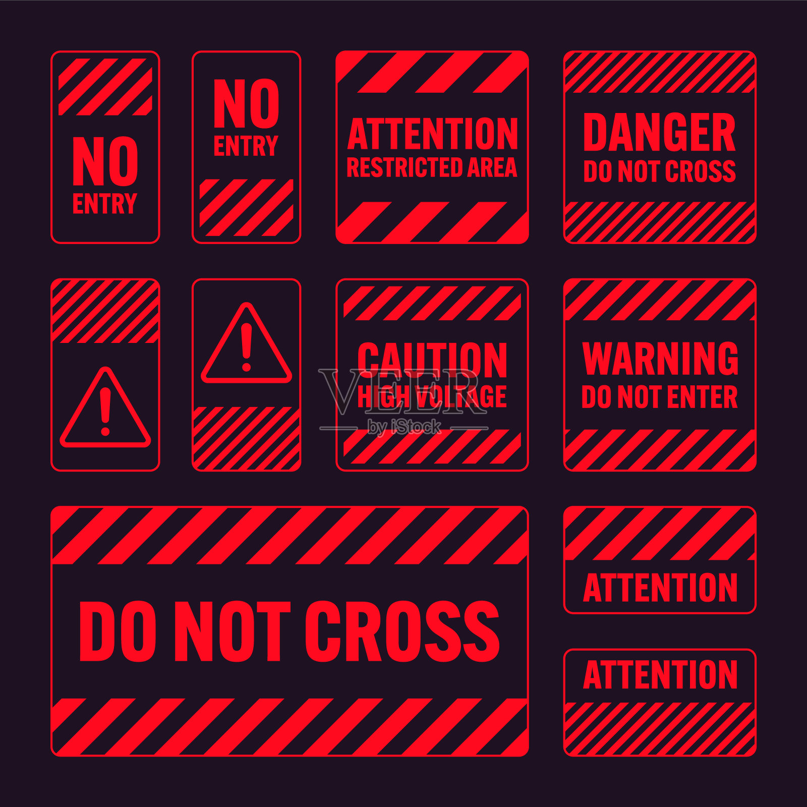 各种带有斜线的红色警告标志。注意、危险或警告标志、施工现场标志。现实的告示招牌，警示牌，路盾。矢量图插画图片素材