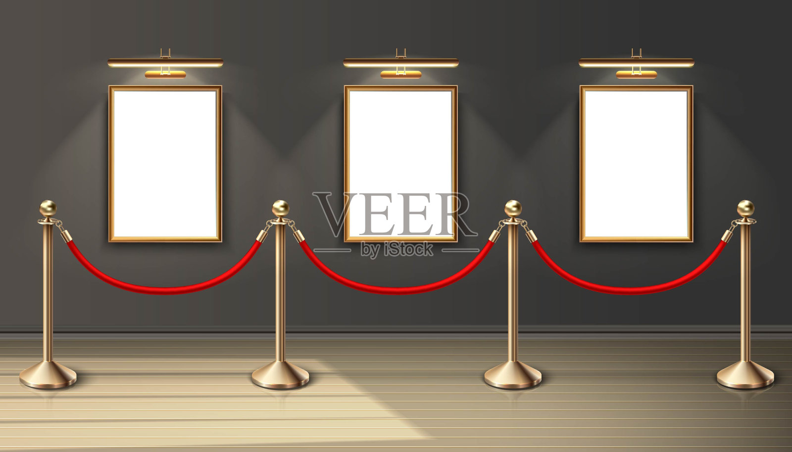 现实矢量展览博物馆模拟绘画在垂直定位的墙上与聚光灯和红色屏障。空白空间供您设计。逼真的木地板和阳光。插画图片素材