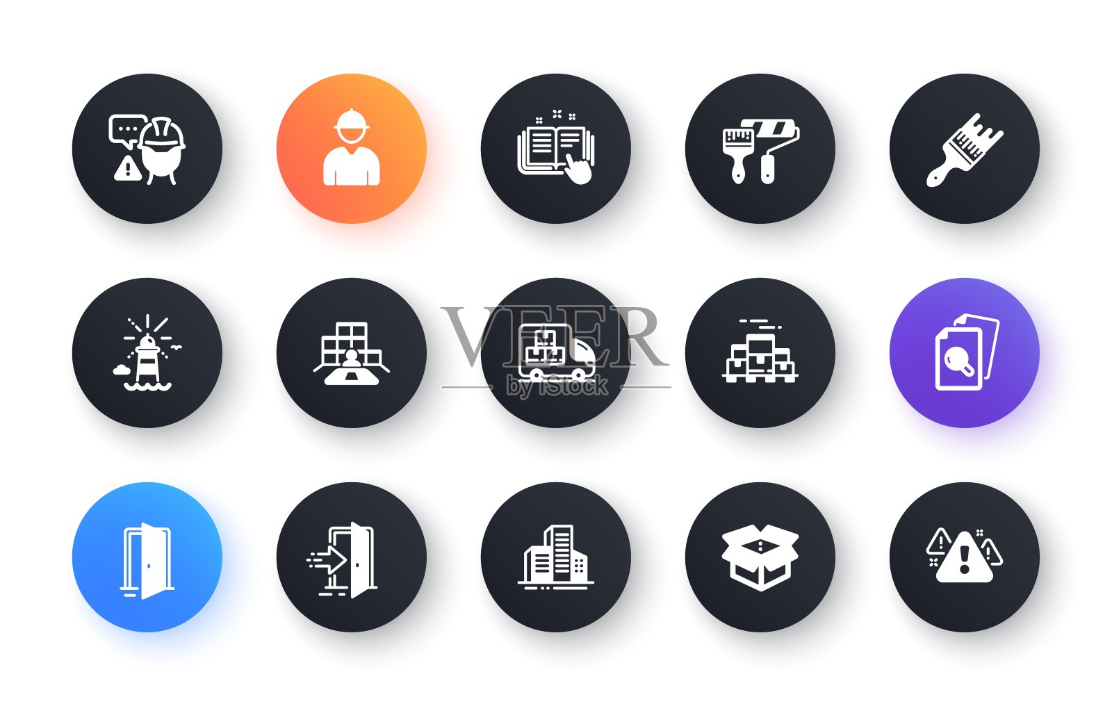 最小集合的交付卡车，检查和打开门平面图标的网站开发。为设计。向量图标素材