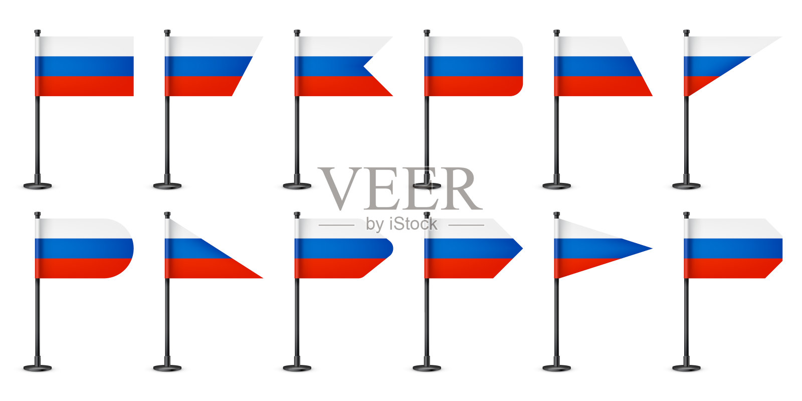 现实的各种俄罗斯桌旗在黑色钢杆。来自俄罗斯的纪念品。桌旗由纸或织物制成，有光泽的金属支架。用于推广和广告的模型。矢量图插画图片素材
