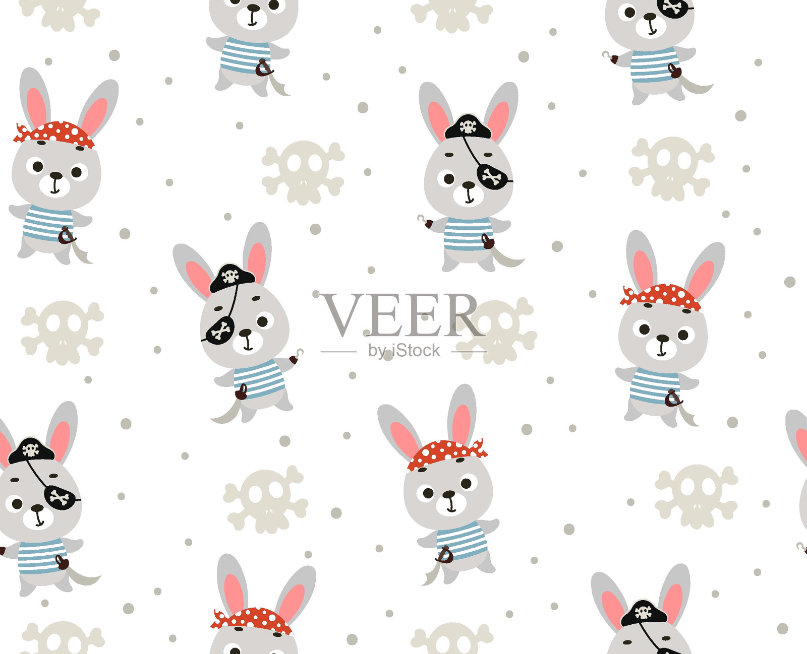 可爱的小海盗兔无缝幼稚图案。有趣的卡通动物字符织物，包装，纺织品，壁纸，服装。矢量图插画图片素材