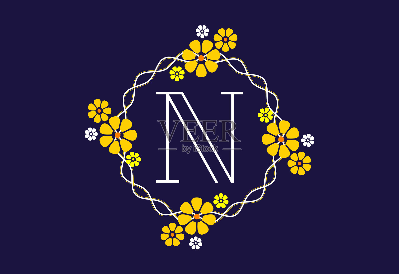 花卉字母n，植物元素的首字母。花卉字母矢量设计插画图片素材
