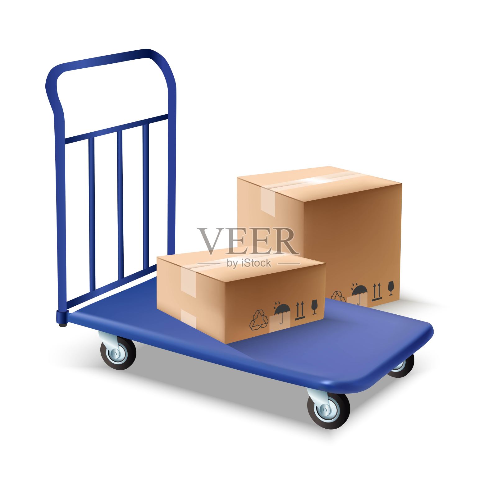 蓝色行李或货物推车的三维现实的图标插图，上面有箱子。孤立在白色背景上。插画图片素材