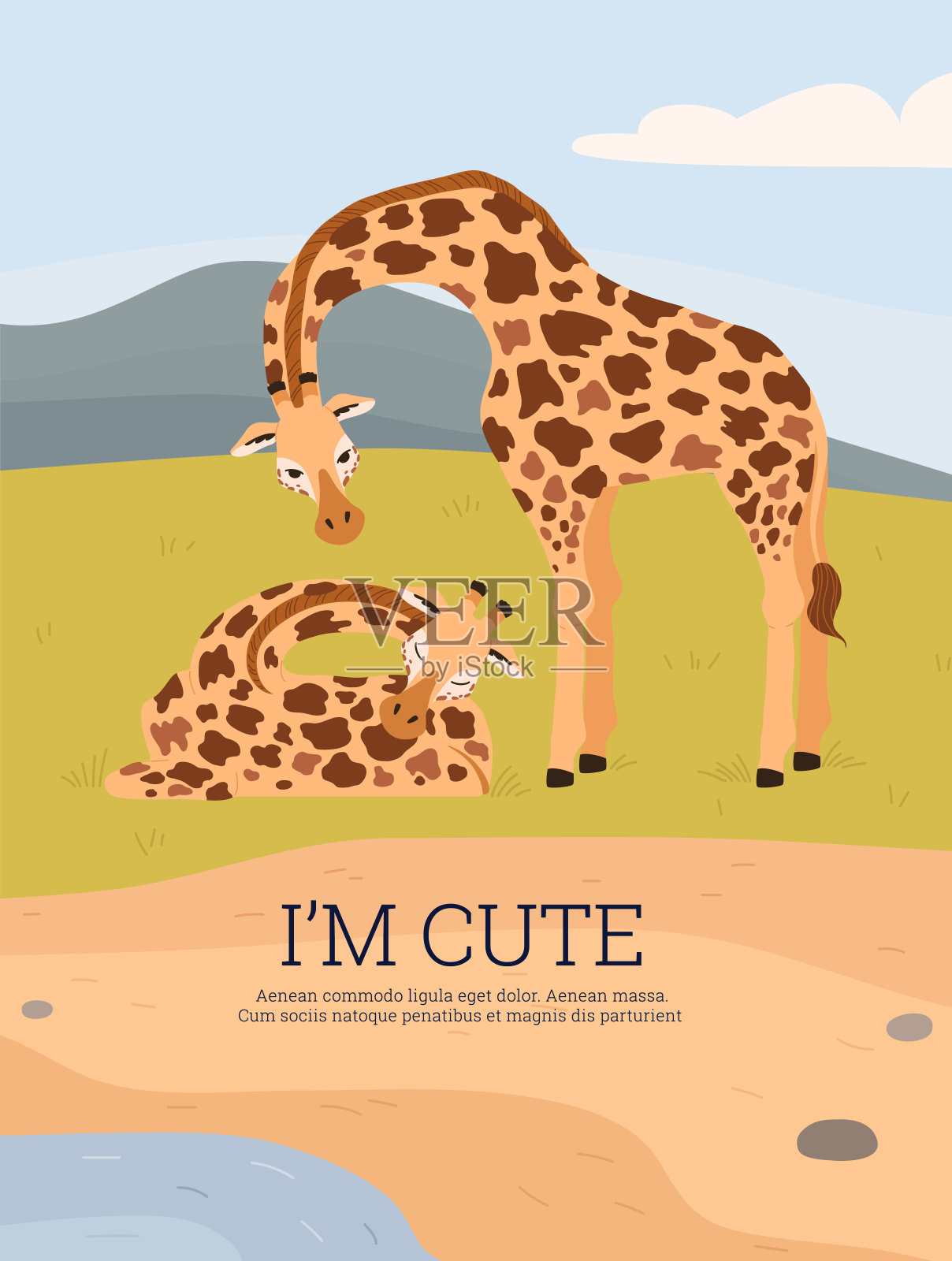 可爱的长颈鹿妈妈和婴儿在贺卡模板平面矢量插图。插画图片素材