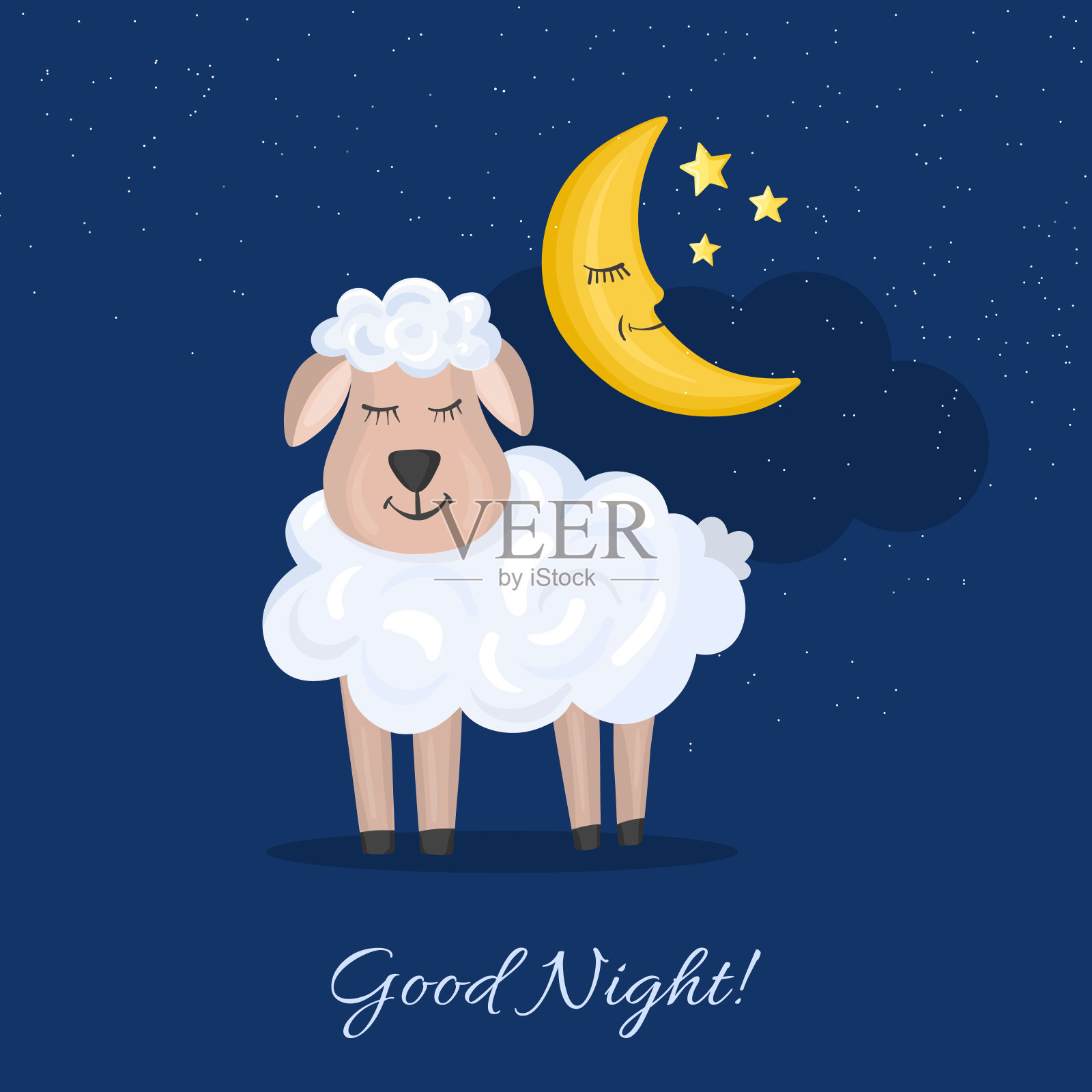 羊和月亮的卡通风格和字母晚安插画图片素材