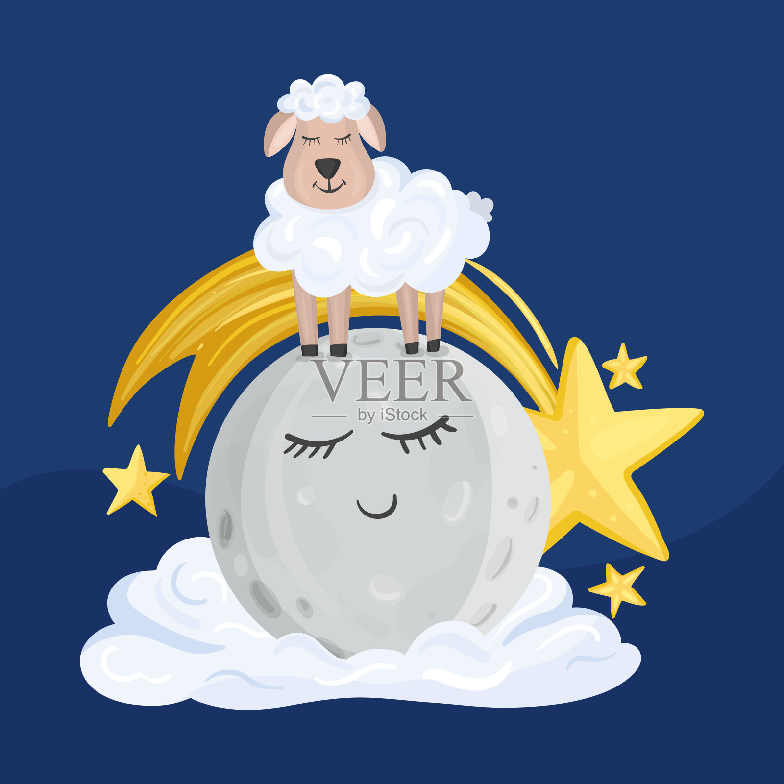 羊站在整个月亮上，月亮睡在云上。后面是星星插画图片素材