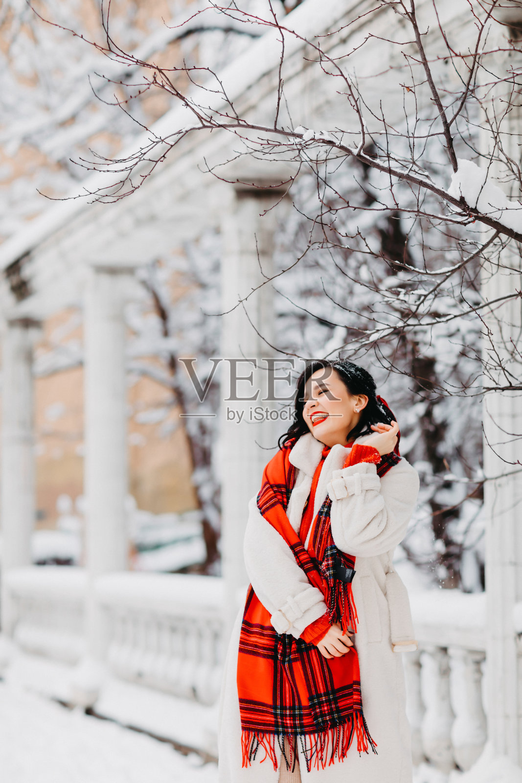 在一个冬季小镇的公园里，一个迷人的黑发女人。照片摄影图片