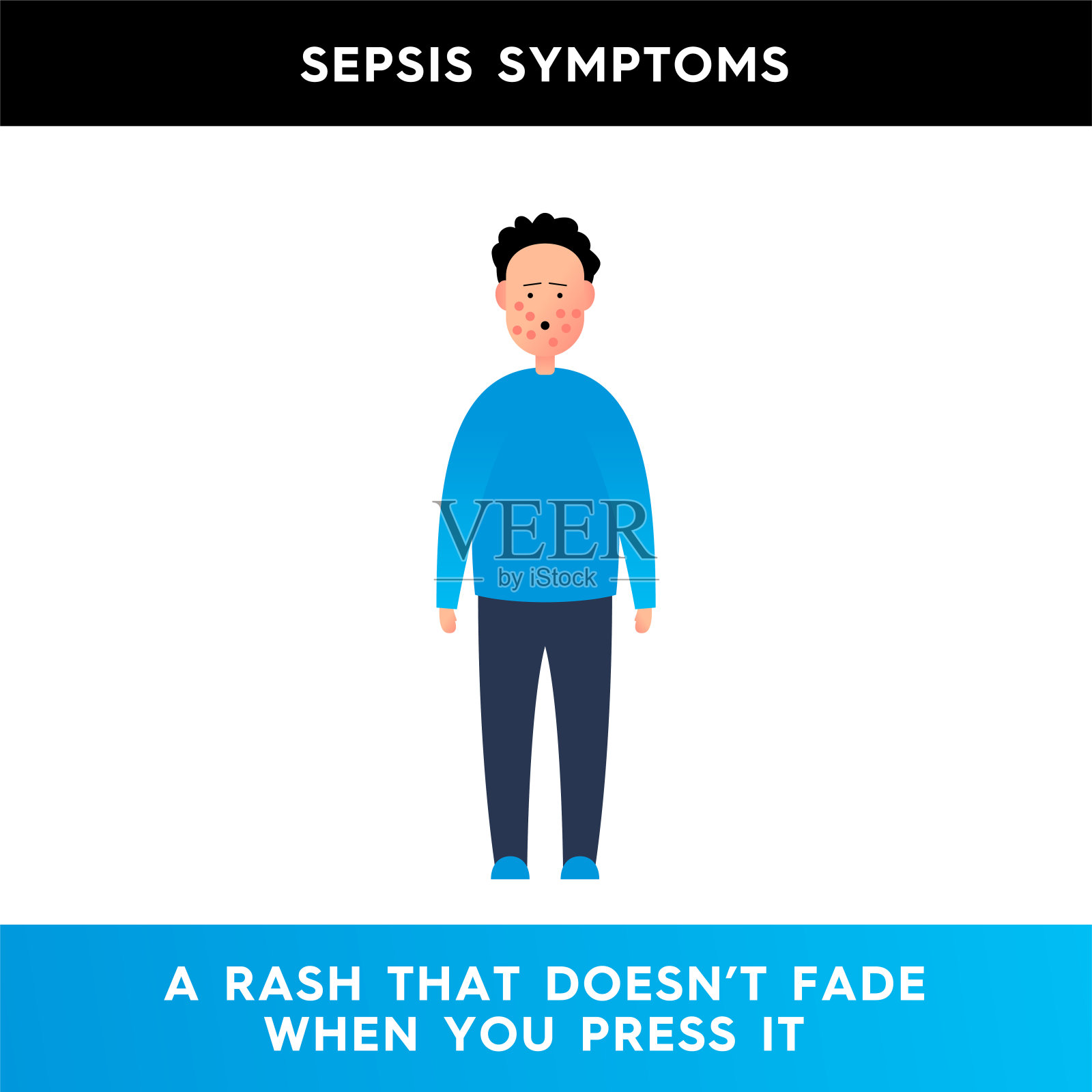 矢量插图的人，他的脸是覆盖着皮疹。这个角色的脸上满是红色的皮疹，按一下也不会消退。脓毒症的症状医疗用品插图。插画图片素材