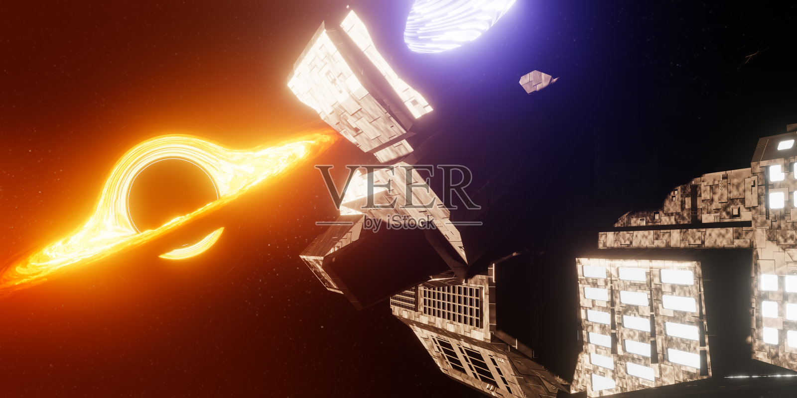 未来宇宙飞船飞向宇宙黑洞。三维渲染照片摄影图片
