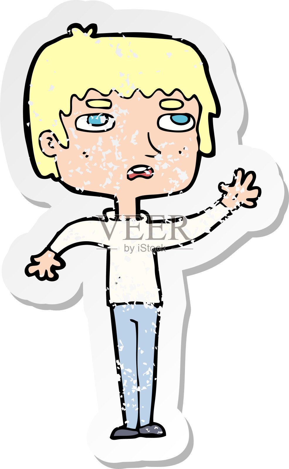 一个不开心的男孩挥手的卡通复古心疼贴纸设计元素图片