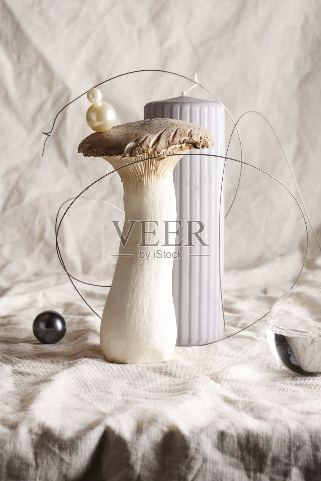 波西米亚和亲属设计。来自不同项目的组合。蜡烛，蘑菇，皱巴巴的纺织品上的金属丝。静物，抽象的现代艺术设计理念。照片摄影图片