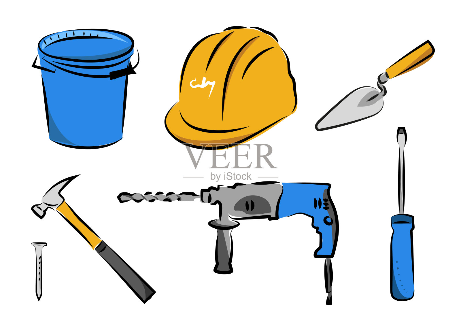 施工和维修工具的草图图像，施工桶，安全帽，泥铲，锅铲，锤子，钉子，螺丝，打孔器，钻头和螺丝刀插画图片素材