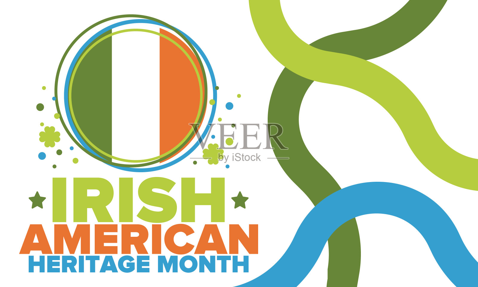 爱尔兰裔美国人传统月。每年三月在美国庆祝。表彰爱尔兰移民对美国历史的成就和贡献。旗帜设计。向量的海报插画图片素材