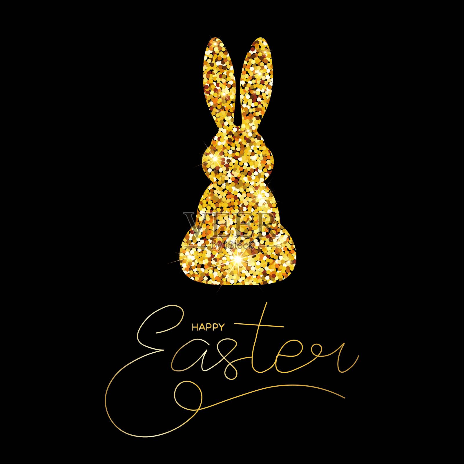 优雅的贺卡设计。快乐复活节横幅与黄金闪闪发光的兔子剪影在黑暗的背景。可爱的兔子品牌，标签，儿童邀请，海报，贺卡插画图片素材