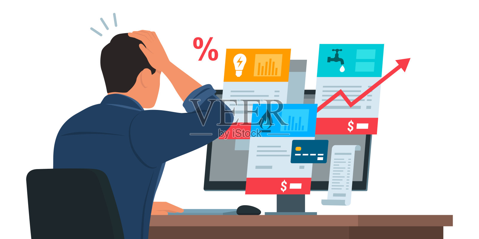 一名男子在电脑上查看昂贵的水电费账单插画图片素材