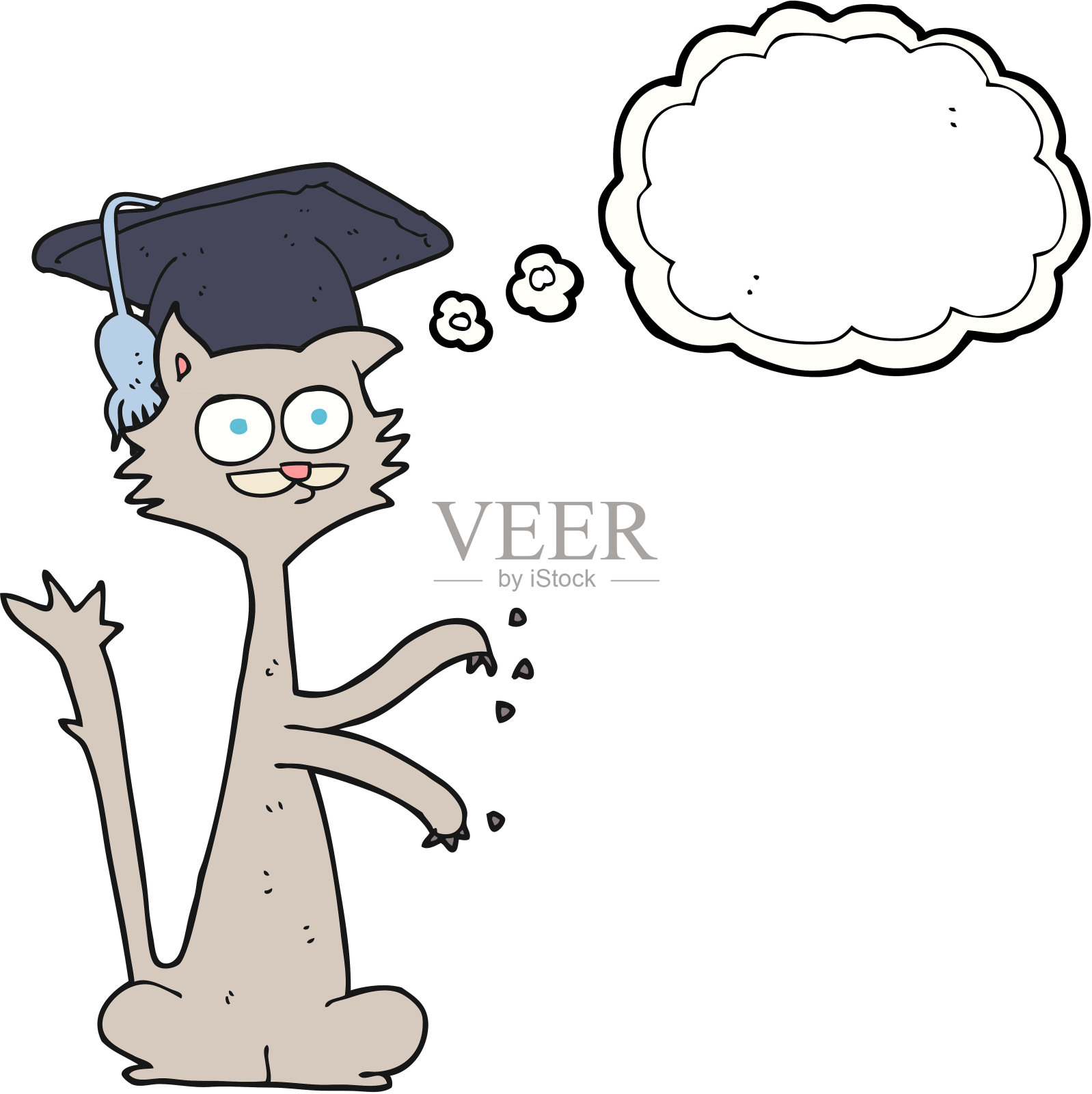 徒手画的思想泡泡卡通猫抓毕业帽插画图片素材