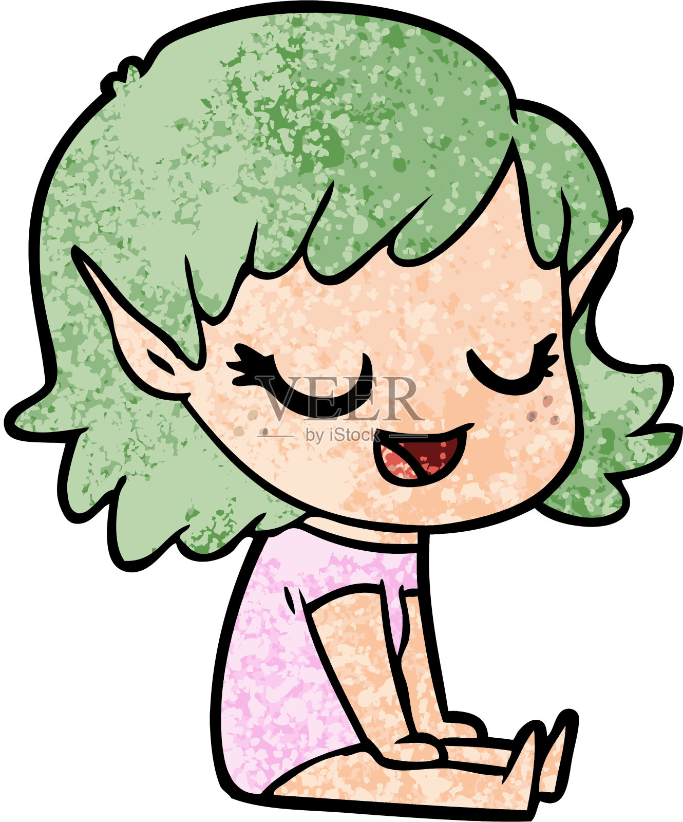 快乐的卡通精灵女孩坐在地板上设计元素图片