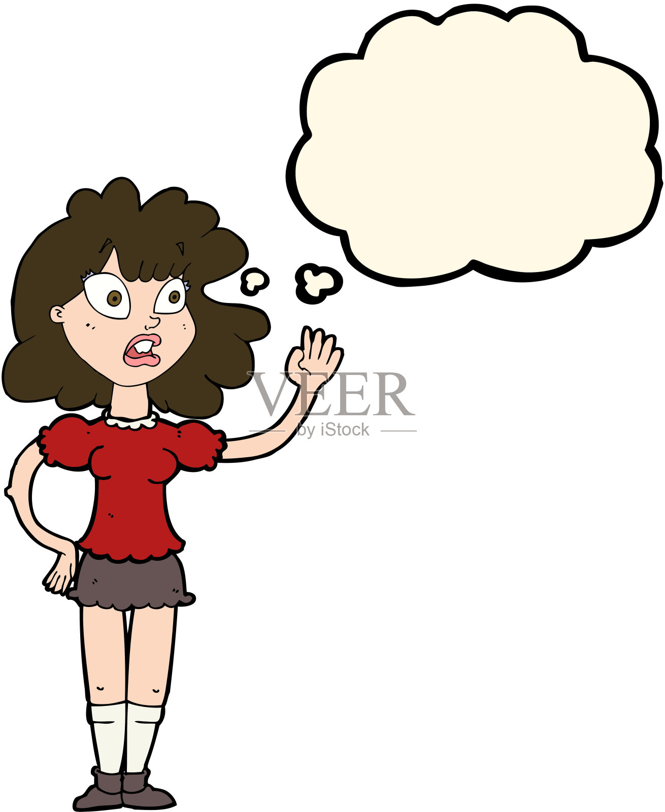 卡通焦虑的女人挥舞着思想泡泡设计元素图片