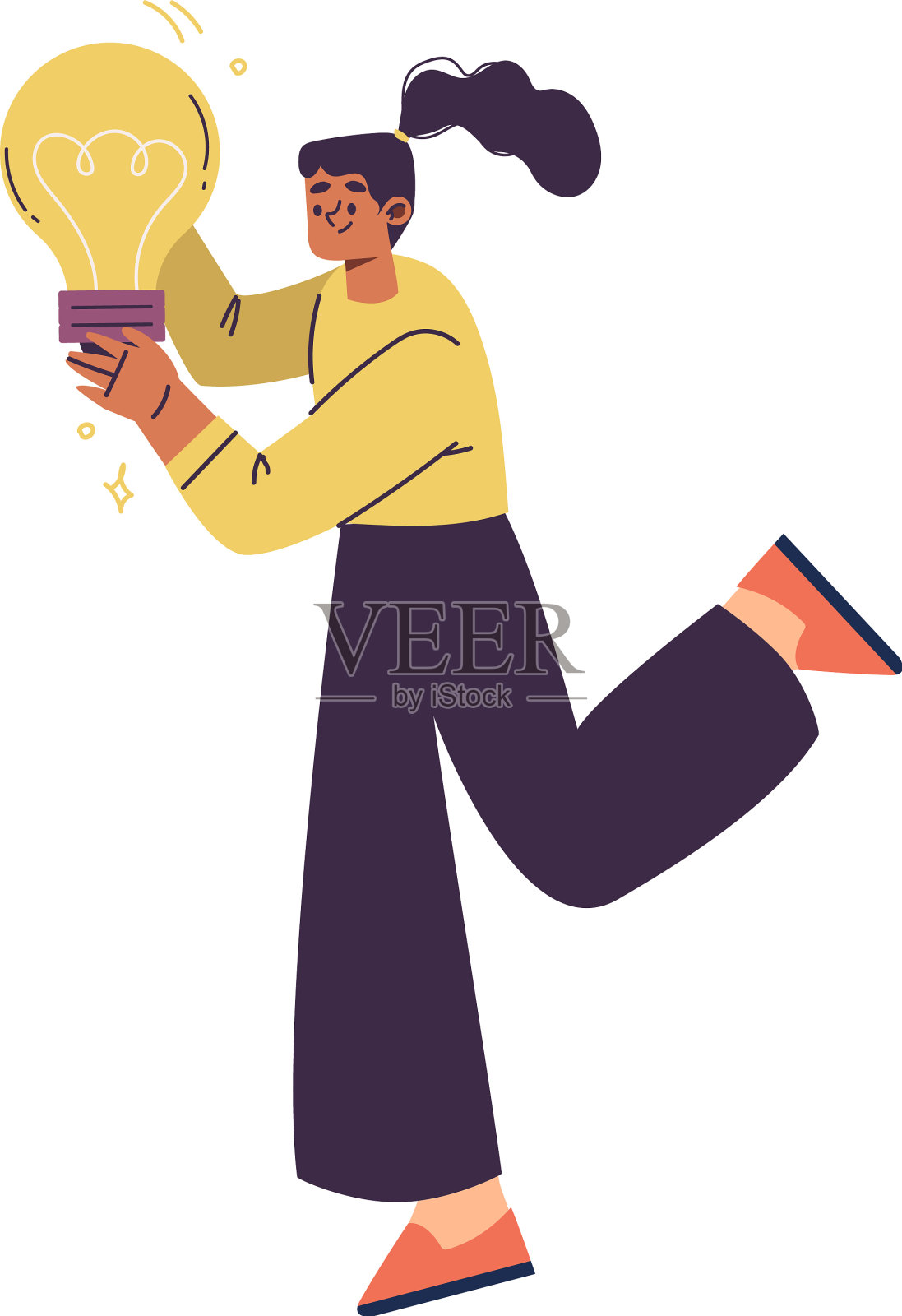一个女人带着黄色灯泡找到的主意插画图片素材