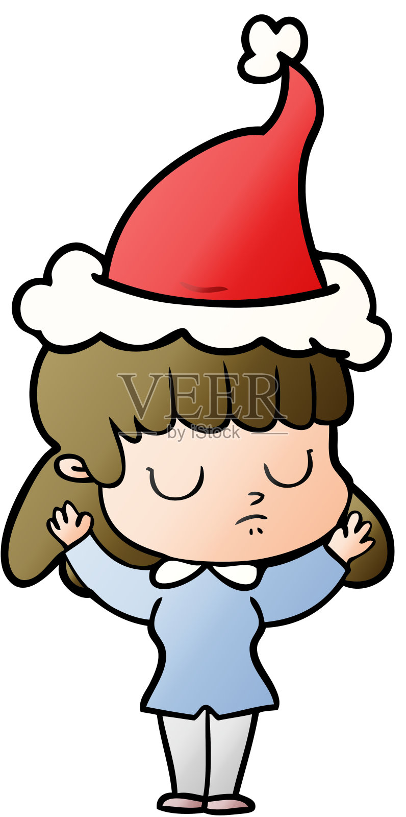 手绘渐变卡通一个冷漠的女人戴着圣诞老人的帽子设计元素图片