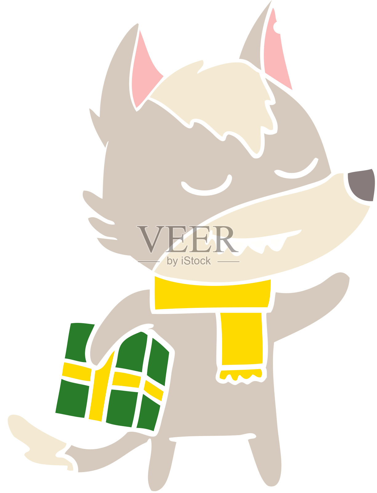 友好的平面色彩风格卡通狼携带圣诞礼物设计元素图片